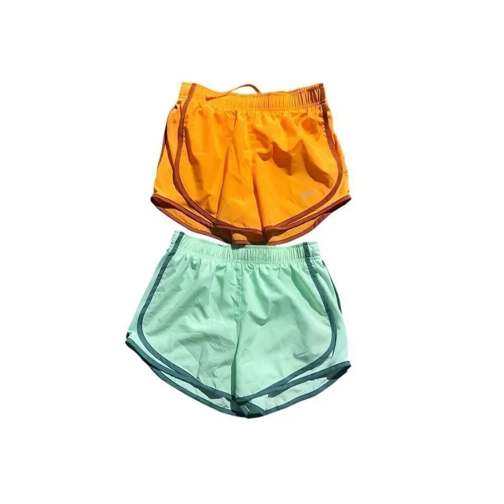 2 Nike woman’s XS Dri-Fit Running Run Shorts orange green hiking outdoors New